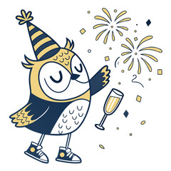 SVG art: A Peaceful Owl in a New Year celebration vibe with wearing rain boots, tinted with Midnight Sparkle tones