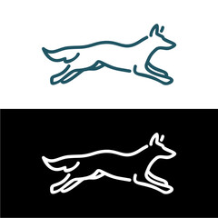 Dynamic minimalist line art illustration of a gracefully running fox or dog, designed as a sleek vector graphic, perfect for modern logos or elegant branding elements on various backgrounds