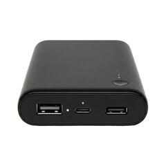 Black Rectangular Power Bank with USB Ports Isolated on Transparent Background with Indicator Lights