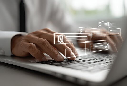 Close-up of hands typing on a laptop, with digital security icons overlaying the keyboard