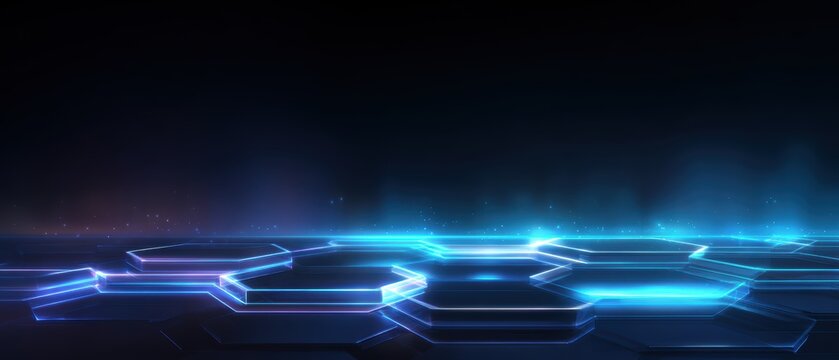 Hexagonal Platform: A mesmerizing 3D render of an abstract, futuristic scene, showcasing a geometric hexagonal platform with vibrant, electric blue and purple neon highlights.