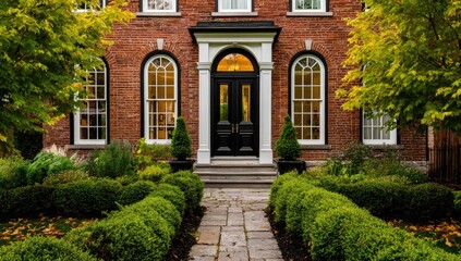 A classic brick home's entrance, framed by meticulously trimmed hedges and autumnal foliage, showcasing a stately black door and arched windows.