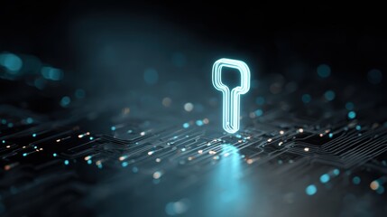 Digital Key: Illuminated key, symbolizing access and security, floats above a futuristic circuit board, the intricate pathways of which hint at the complexities of the digital world.