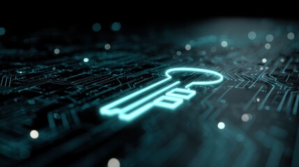 Digital Fortress: A glowing key design embedded within a technological circuit board, illustrating the digital world of protection and security.