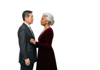 Older East Asian man in charcoal wool suit & older African American woman with silver hair in burgundy velvet gown, exchanging knowing glance on white studio, enduring partnership