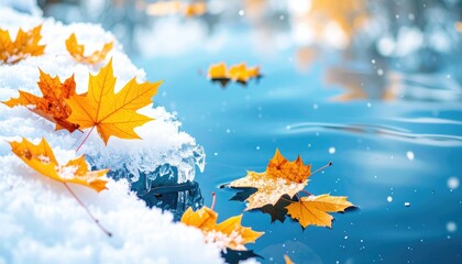 Autumn leaves on snow-covered icy water