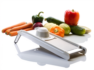 Vegetable slicer with fresh carrots and peppers isolated on a transparent background