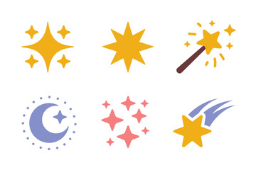 Celestial moon and star vector illustrations, magical sparkle elements set, fantasy night sky graphics, decorative cosmic art, mystical dreamy symbols