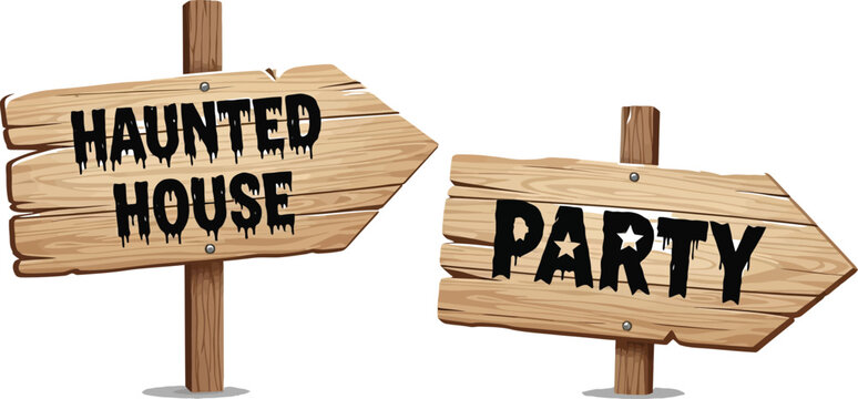 Directional signs point to a haunted house and party for halloween celebration