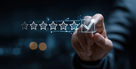 Hand selecting a positive rating, a checkmark, and stars