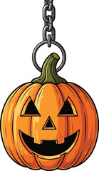 Cartoon halloween pumpkin lantern hanging from a chain on a white background