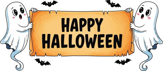 Two cute ghosts holding a happy halloween banner with bats on a white background