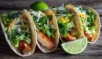 Four chicken tacos, topped with shredded cheese, lettuce, and a lime wedge, sit on a rustic wooden surface