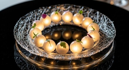 Artistic Dessert Presentation with Luminous Spheres on Elegant Plate Surrounded by Delicate Garnishes and Stylish Glass Accents