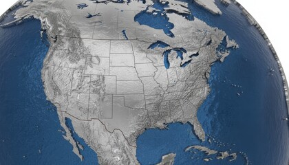 A detailed map of North America on a globe, showing landmasses and bodies of water.