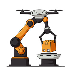 An advanced robotic arm integrated with a drone efficiently handles a package, symbolizing modern e-commerce logistics and automated warehouse operations.