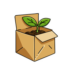 An eco-friendly plant sprouts from a recycled cardboard box, symbolizing sustainable e-commerce, green delivery, and responsible business growth.