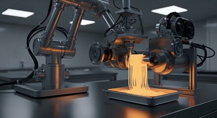 Fototapeta premium Robotic Arm Extruding Pasta into Tray in Factory Setting
