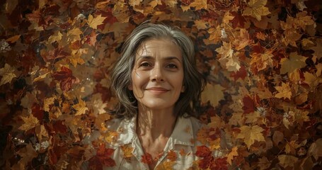 Sunlight waking senior woman opening eyelids and smiling in park, with autumn leaves - Powered by Adobe
