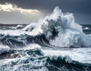 Powerful ocean waves crashing against each other, creating a dramatic display of nature's force.