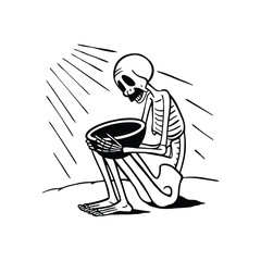 Skeleton begging for money.Empty Plate, Empty Life: Famine Concept Art