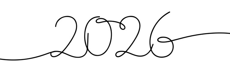 2026 Happy New Year continuous one line drawing. 2026 number design template in simple linear style.