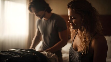 A happy couple unpacking luggage in a hotel room preparing for a relaxed holiday or settling into their travel destination