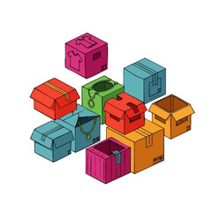 Fototapeta premium A vibrant isometric illustration showcases a diverse array of colorful shipping boxes, symbolizing modern e-commerce fulfillment and efficient global delivery operations.