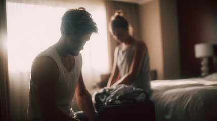 A couple packs or unpacks their luggage in a sunlit hotel room preparing for or concluding a relaxing travel vacation