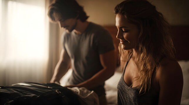 A happy couple unpacking luggage in a hotel room preparing for a relaxed holiday or settling into their travel destination