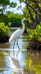 A regal egret stands gracefully in shallow water, its white plumage reflecting the vibrant green foliage surrounding it.