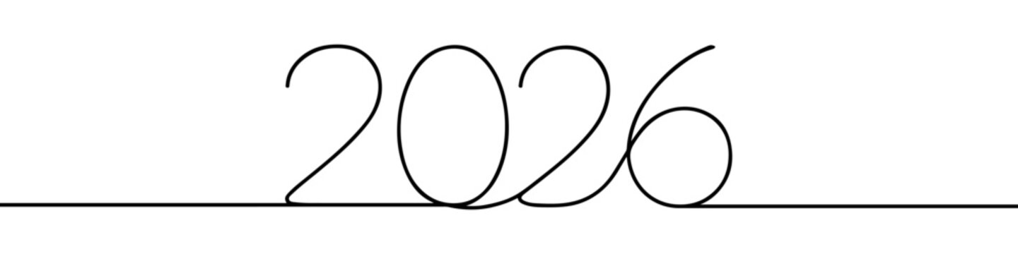 2026 Happy New Year continuous one line drawing. 2026 number design template in simple linear style.