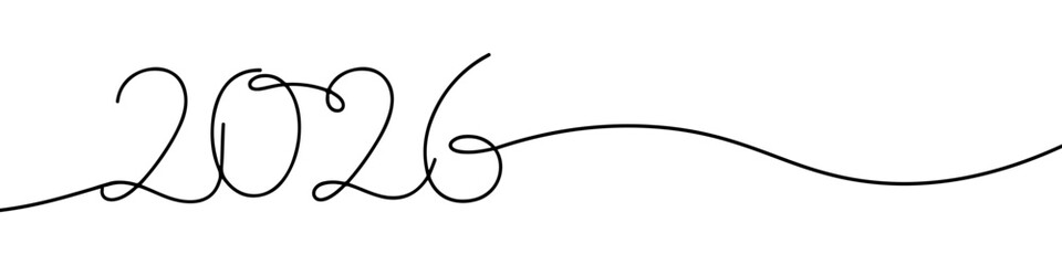 2026 Happy New Year continuous one line drawing. 2026 number design template in simple linear style.