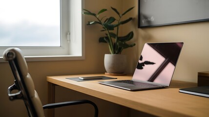 Minimalist workspace setup with laptop plant and natural light promoting productivity and creativity at home office environment