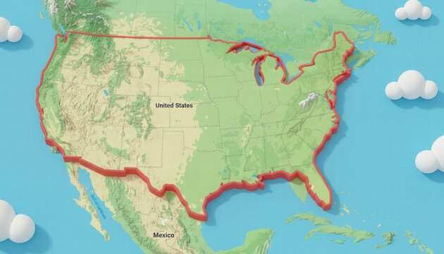 A three-dimensional relief map showcases the United States, highlighted by a bold red border, nestled within North America.