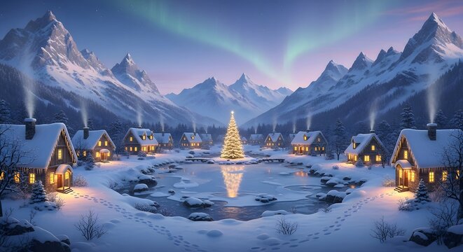 Winter wonderland christmas village scene with aurora borealis and snow covered mountains