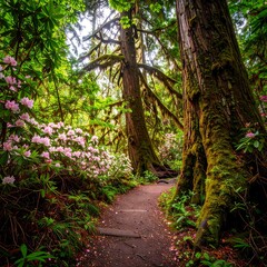 Lush forest path with blooming flowers