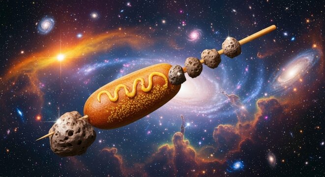 Surreal Food Art with Hot Dog and Rocks Set Against an Artistic Cosmic Background