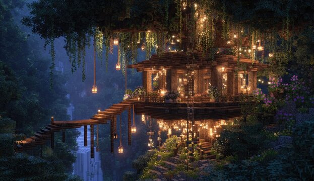 Enchanted treehouse nestled in a misty forest