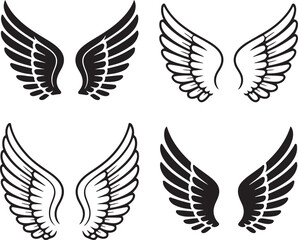 Wings set vector illustration with bird and feather design in black silhouette style