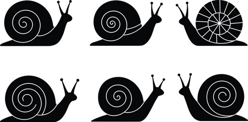 Silhouette set of snail illustrations with spiral shells, crawling garden animal design, nature wildlife vector, slow movement concept, decorative artwork © Snigdha Creatives