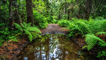 Obraz premium Lush forest path reflecting sky in a puddle