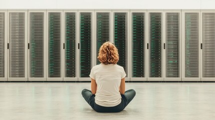 Person sitting cross legged facing rows of humming server cabinets glowing with green data.