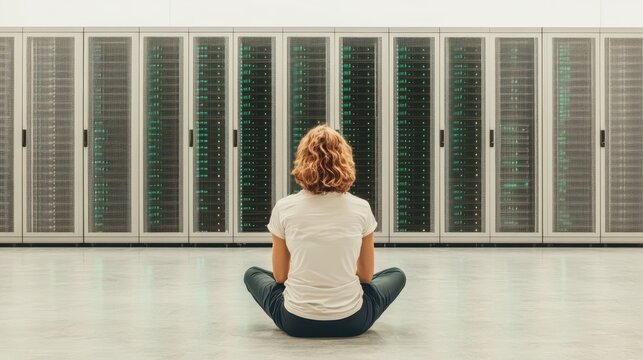 Person sitting cross legged facing rows of humming server cabinets glowing with green data.
