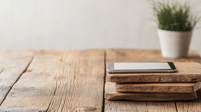 Modern mobile device resting on rustic wood planks, with a green potted plant in the background, suggesting digital financial transactions.