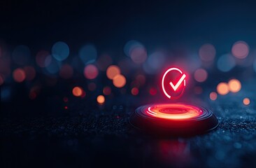 Neon red checkmark graphic floating on dark surface
