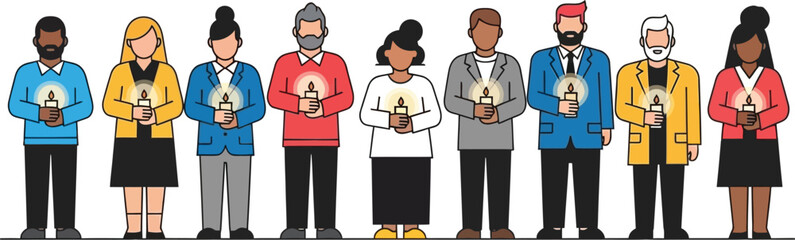 Diverse group holding candles in unity, symbolizing hope and remembrance