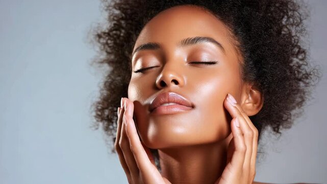 Young curly african american woman with healthy glowing skin gently touches her face. Concept of self-care, wellness and spa, home facial care and beauty therapy