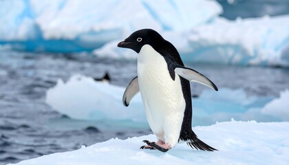 Majestic Adelie penguin stands proudly on a frozen expanse of ice, its black and white plumage contrasting beautifully against the pristine white snow and backdrop of turquoise water.