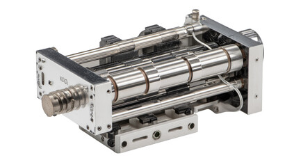 Precision metal machine with multiple rollers and components.  Complex,  engineered mechanism